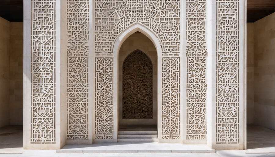 Sacred geometric patterns carved in stone showing Zoroastrian architectural symbolism