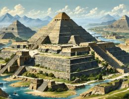 Artistic depiction of ancient stone structures like Mesopotamian ziggurats, Egyptian pyramids, and the Great Wall of China, illustrating their role as cultural hearths that shaped human civilization.