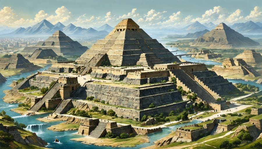 Artistic depiction of ancient stone structures like Mesopotamian ziggurats, Egyptian pyramids, and the Great Wall of China, illustrating their role as cultural hearths that shaped human civilization.