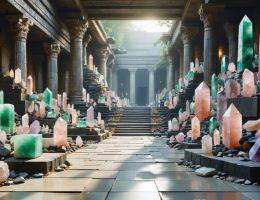 Visual representation of the transition of natural stones from ancient temples to modern interior design, showcasing historical jade and lapis lazuli alongside contemporary rose quartz and black tourmaline.