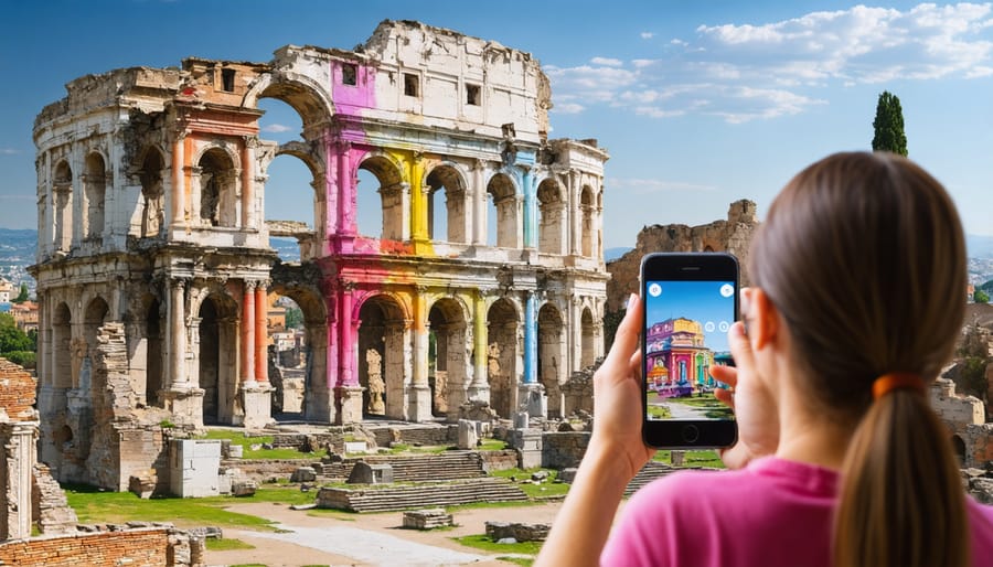 Visitor holding a smartphone with an AR overlay that transforms the ruins of an ancient Roman structure into a full-color, historically accurate reconstruction, demonstrating the blend of technology and history.