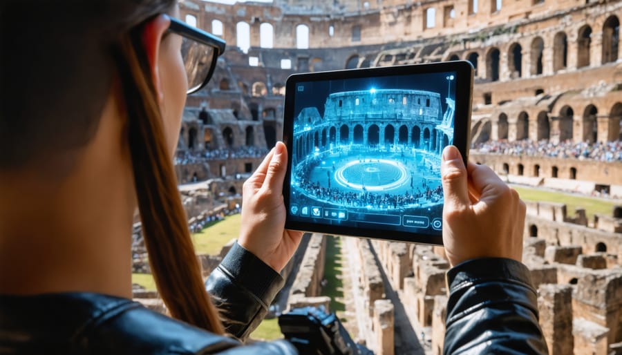 Person using AR device at the Colosseum with virtual historical reconstruction overlay