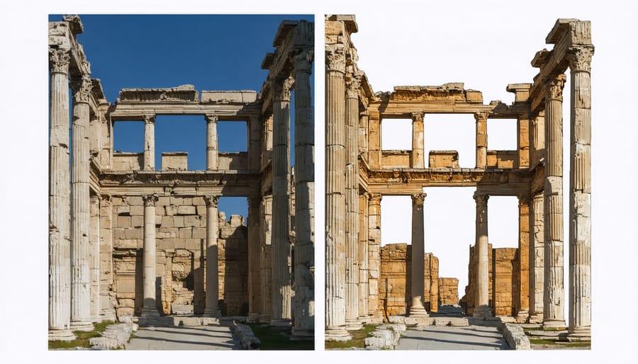 Side-by-side comparison of Roman ruins and AR reconstruction showing original architecture in full color