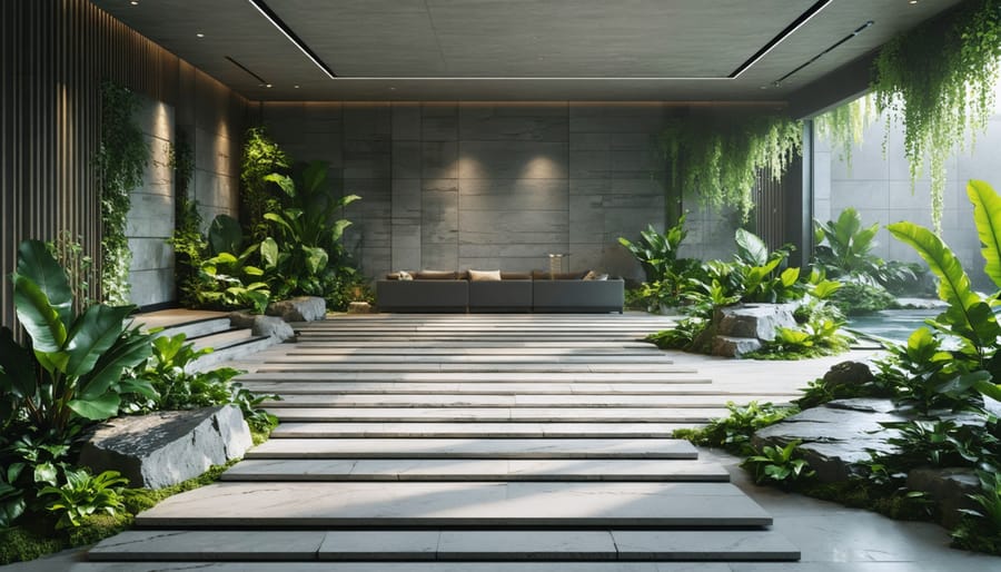 Close-up view of various natural stone textures and patterns integrated into a modern architectural setting with elements of greenery and natural light.