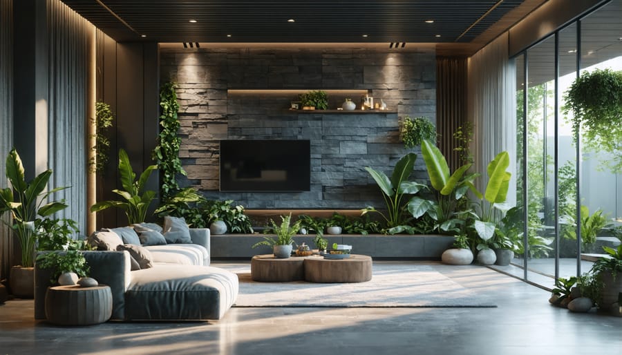 Biophilic interior design showcasing textured stone wall with natural light and greenery