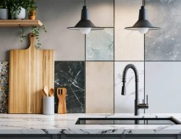 A modern kitchen featuring a variety of affordable countertop materials like laminate, butcher block, recycled glass, and quartz, demonstrating stylish and budget-conscious choices for renovations.