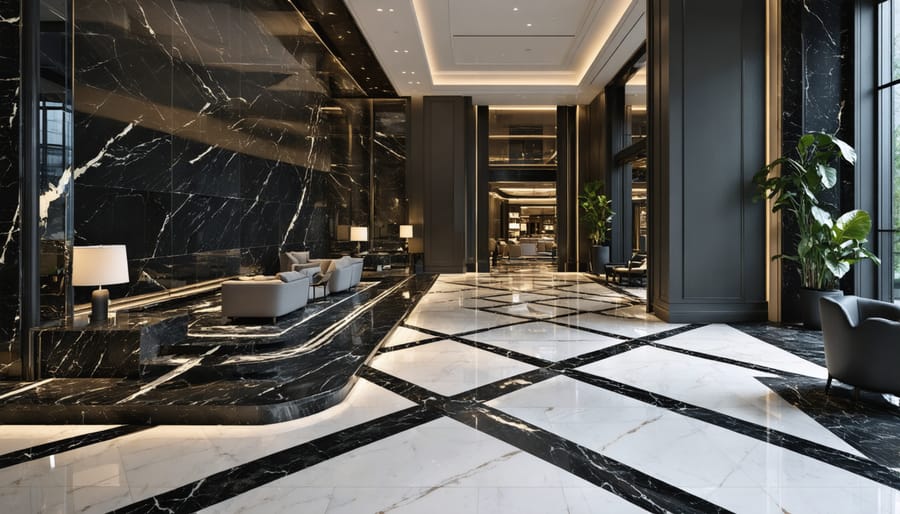 Elegant commercial space displaying contrasting black and white stone patterns in modern architectural design