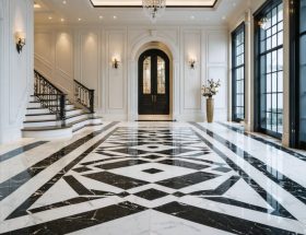 A luxurious foyer featuring a black and white geometric stone floor with hexagonal and diamond patterns crafted from Nero Marquina and Carrara marble.