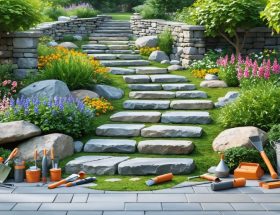 "Outdoor scene showcasing DIY stone structures including a garden path, decorative wall, and stone veneer surrounded by essential tools and materials in a lush garden setting."