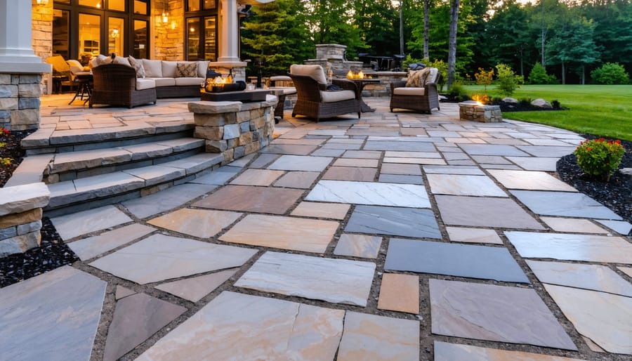 A stunning natural stone patio with various stone materials like flagstone, slate, and limestone arranged in a harmonious pattern at sunset, surrounded by greenery and stylish patio furniture.