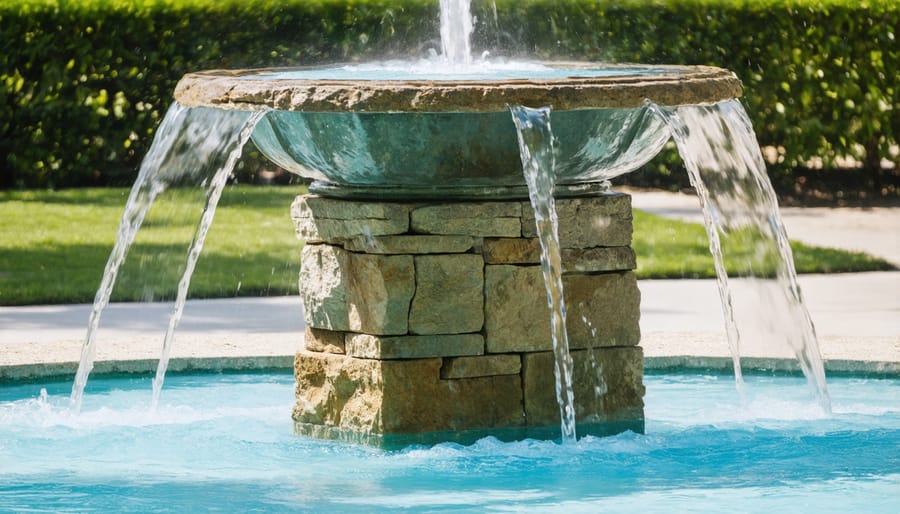 Modern stone fountain demonstrating water-efficient design with multiple tiers and collection basin