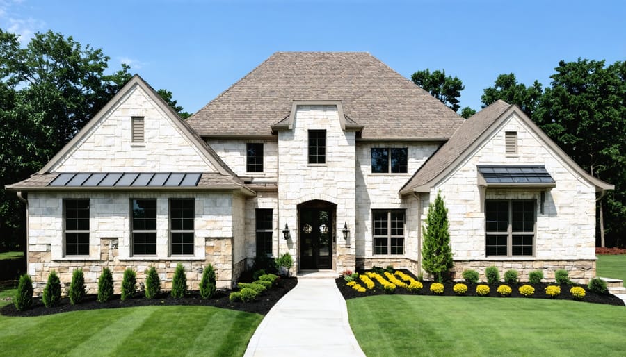 House exterior showcasing stone veneer facade and manicured landscape design