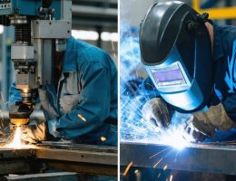 Split-image comparison showing a modern metal fabrication workshop with CNC machines and a welder using TIG welding equipment, highlighting the different yet complementary nature of fabrication and welding processes.