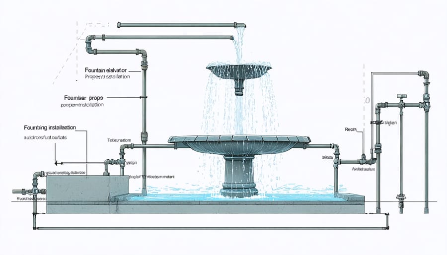 Cross-section diagram of stone fountain installation showing water lines, pump placement, and electrical connections