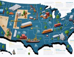 Illustration of the United States map, highlighting key Foreign-Trade Zone locations with pathways for natural stone imports, including visual elements like shipping containers and stone slabs.