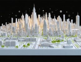 Illustration of a futuristic city skyline created by 3D printers, highlighting complex building designs and varying materials, with elements symbolizing sustainability.