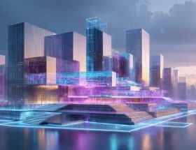 Conceptual illustration of a futuristic city with modern architectural buildings showcasing stone facades enhanced by thin film technology, reflecting sunlight in vibrant hues symbolizing innovation and precision in materials science.