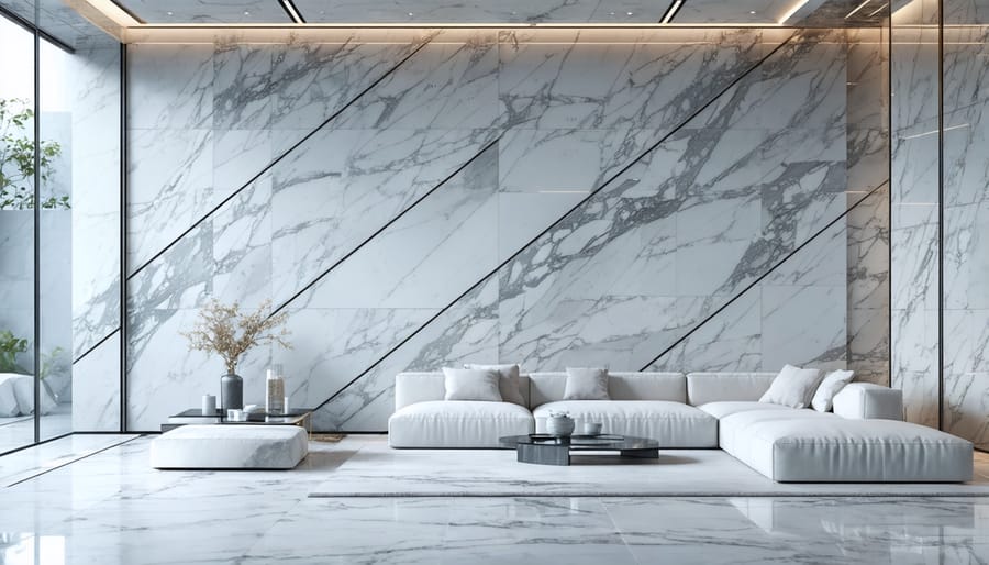 Minimalist marble wall installation showing geometric patterns and clean lines