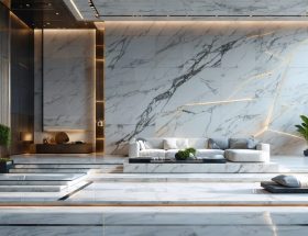 Modern interior showcasing a geometric marble wall with clean intersecting lines, embodying minimalist design principles.