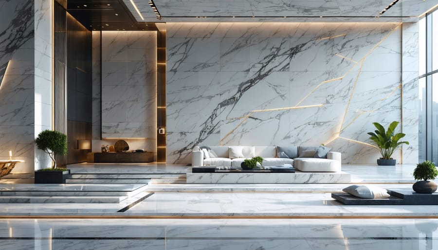 Modern interior showcasing a geometric marble wall with clean intersecting lines, embodying minimalist design principles.