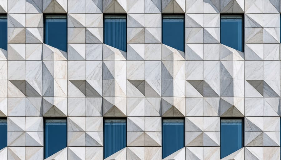 Contemporary architectural facade featuring minimalist geometric stone design