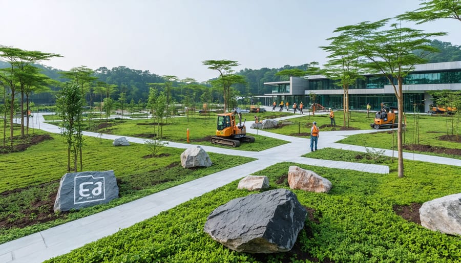 Modern construction site showcasing sustainable stone sourcing techniques within a vibrant green landscape. Advanced machinery, eco-friendly materials, and certification symbols highlight environmentally responsible building practices.