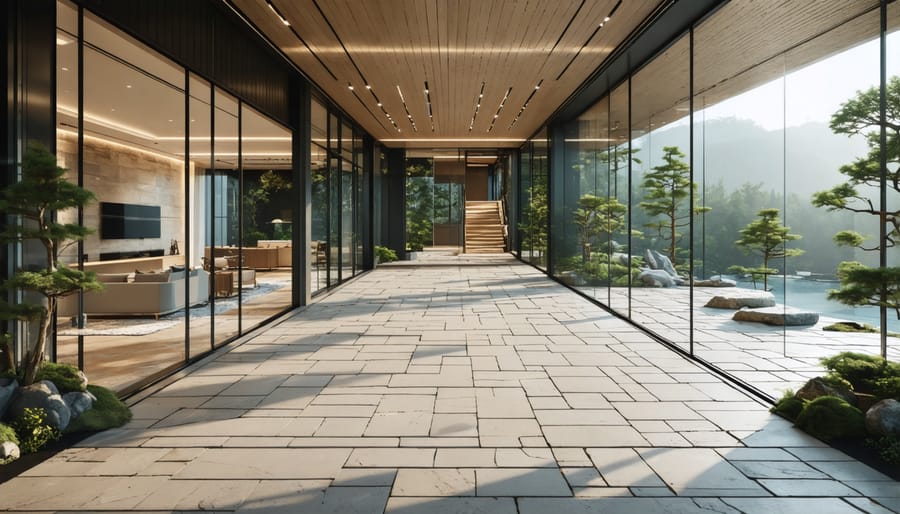 Seamless indoor-outdoor space with natural stone flooring extending from interior to exterior patio