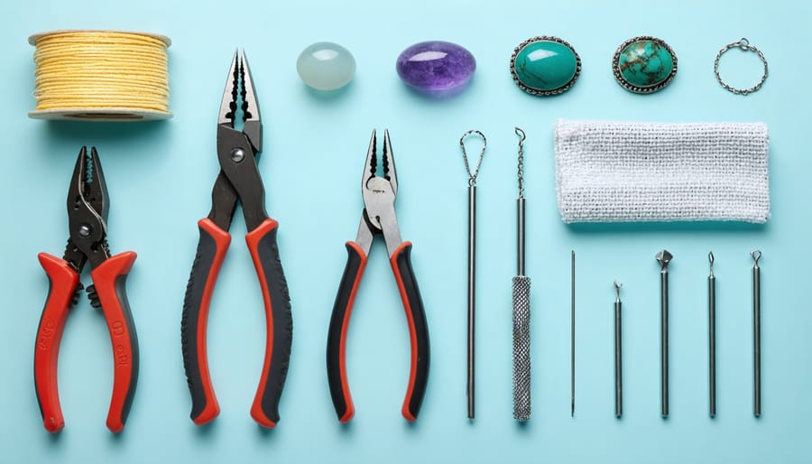 Essential tools and equipment for natural stone jewelry making laid out on wooden workspace