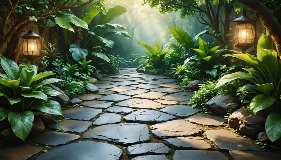 Artistic representation of a well-maintained living stone floor in a lush indoor environment, highlighting the natural texture and beauty of the stone.