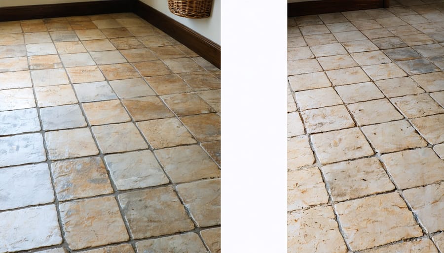 Side-by-side comparison of properly maintained and neglected living stone floors
