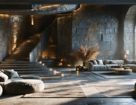 Luxurious interior featuring reclaimed stone wall and flooring with rich patina, representing sustainable opulence
