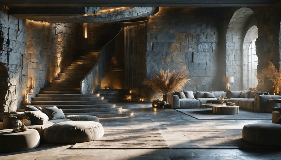 Luxurious interior featuring reclaimed stone wall and flooring with rich patina, representing sustainable opulence