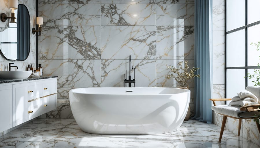 Elegant bathroom featuring marble tile work and contemporary chrome fixtures