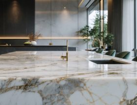 Luxurious kitchen interior featuring a stunning marble countertop with intricate veining patterns illuminated by natural light, highlighting its elegance and sophistication.