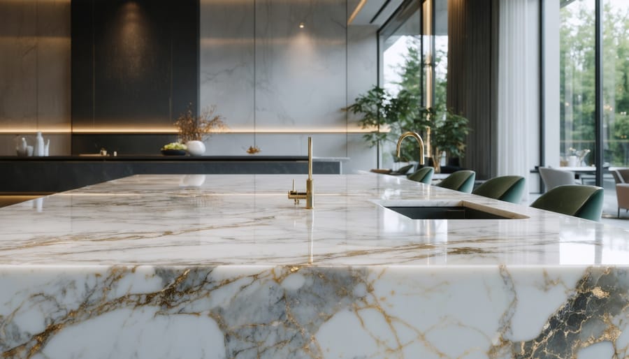 Luxurious kitchen interior featuring a stunning marble countertop with intricate veining patterns illuminated by natural light, highlighting its elegance and sophistication.
