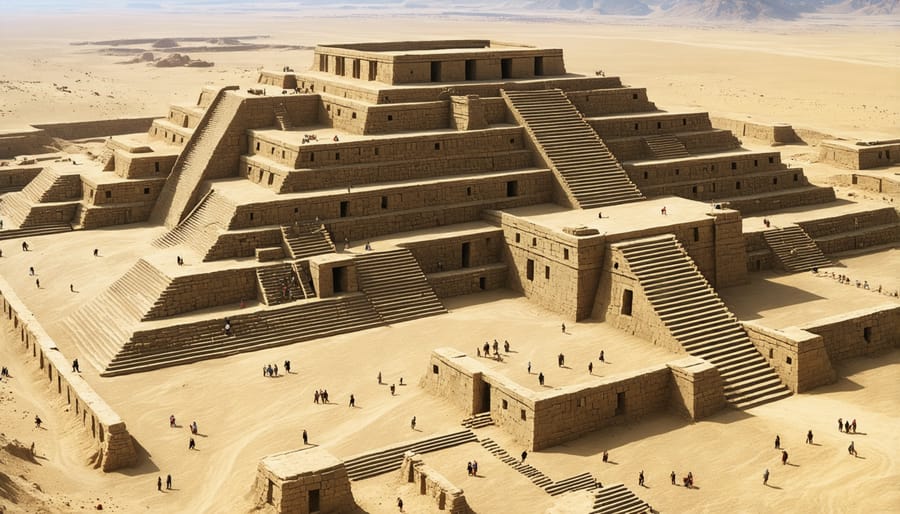 Ancient Mesopotamian ziggurat with stepped levels and stone foundations visible from above