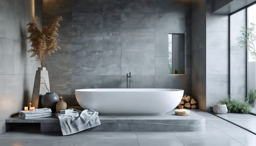 Minimalist bathroom design with geometric stone tiles and clean angular shapes