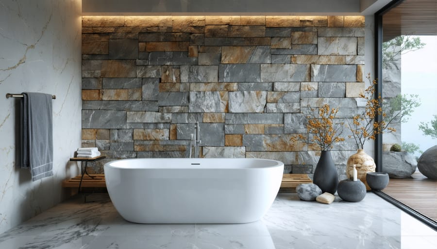 Bathroom design showcasing contrast between rough stone accent wall and smooth marble tile surfaces