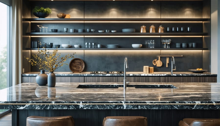 Contemporary kitchen with sleek granite countertops and brushed nickel hardware