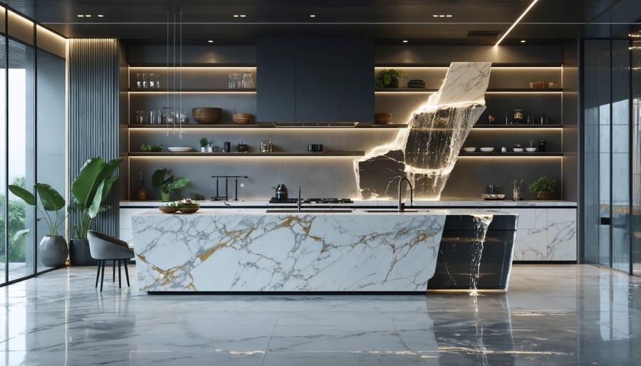 Contemporary kitchen with white marble waterfall countertop and clean lines