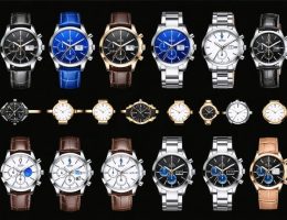 A diverse collection of modern watches, showcasing various designs and styles, all powered by quartz movements. The image includes sleek dress watches, robust sports watches, and luxury timepieces, highlighting the versatility and precision of quartz technology.