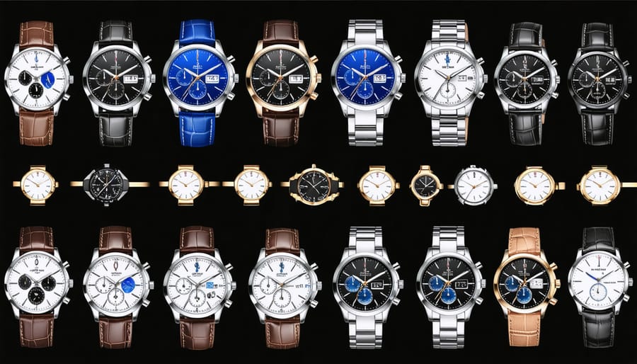 A diverse collection of modern watches, showcasing various designs and styles, all powered by quartz movements. The image includes sleek dress watches, robust sports watches, and luxury timepieces, highlighting the versatility and precision of quartz technology.