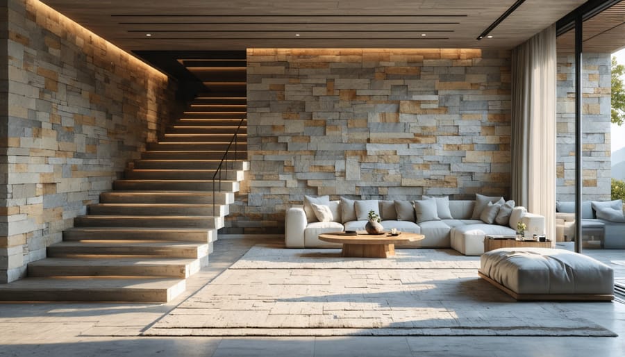 Contemporary living room with reclaimed stone elements showcasing luxury design