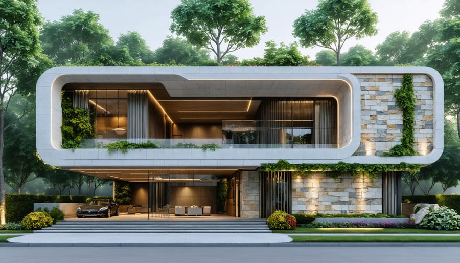A modern green building featuring innovative uses of natural stone, utilizing textured walls and precision-cut veneers, set against a backdrop of lush greenery.