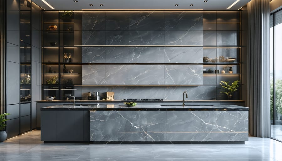 Contemporary kitchen interior featuring different shades of gray stone in countertops and wall surfaces