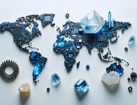 Conceptual illustration of quartz's significance across industries, with elements representing construction, electronics, and renewable energy, highlighting its economic and technological impact.