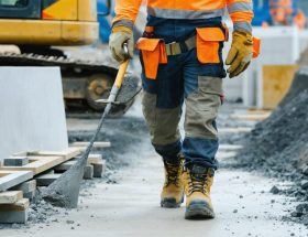 Construction worker in full personal protective equipment demonstrating safety protocols at a natural stone installation site.