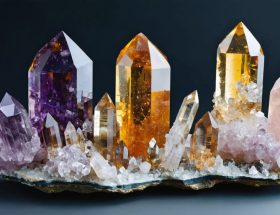 A collection of natural quartz crystals displaying diverse colors, including purple amethyst, honey citrine, smoky grays, and rose pinks, each illustrating their unique mineral inclusions and formations.