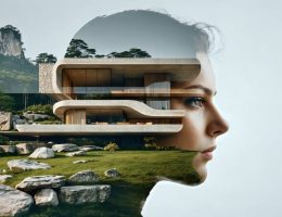 Double-exposure art of natural stone elements blended with a green, sustainable architectural design, symbolizing the combination of durability and eco-friendly construction.