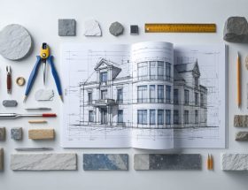 An illustration of an open architectural blueprint with design tools and natural stone samples, symbolizing the precision and creativity involved in natural stone architectural design.